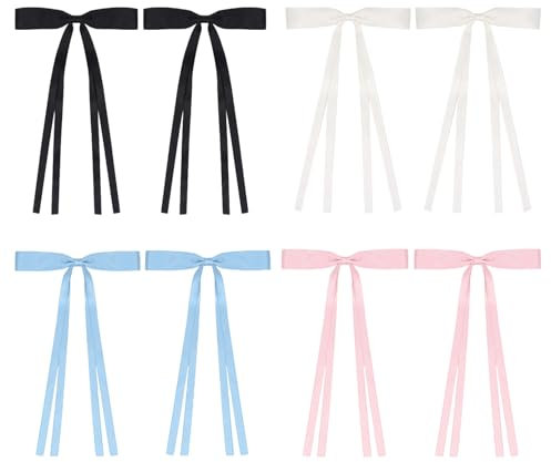 8 Stück Haarspange Schleife für Damen,Seidige Satin Haarschleifen mit langem Schwanz,Bow Hair Clip,Metall Haarschleife für Damen und Mädchen (Schwarz,Rosa,Blau,Weiß)