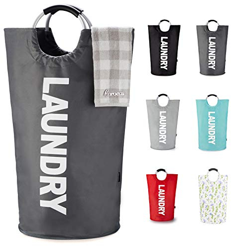Caroeas 100L Großer Wäschekorb (8 Farben), Wasserdichter Wäschebehälter, Wäschesammler mit gepolsterten Griffen, Stehender Wäscheeimer, Faltbare Wäschebox zur einfachen Aufbewahrung, Dunkelgrau