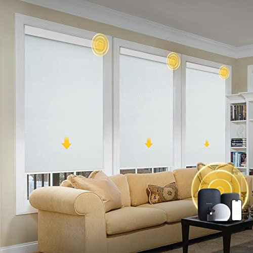 Motorized Blinds with Remote, Grasscloth Fabric Smart Blinds with Valance Cover, Cordless Automatic Roller Shades, Blackout Electric Blinds for Windows,Bright White 20 W x 72 H
