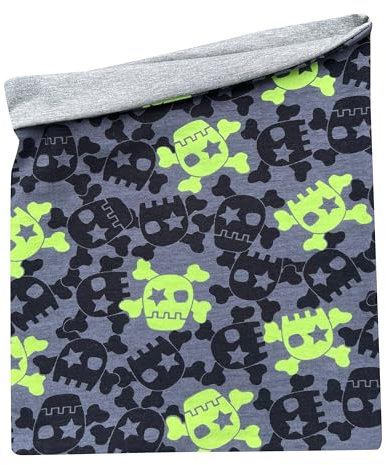Wollhuhn Kinder Long Loop MAXI Halswärmer/Schlupf-Schal Extra Lang Jungen/Mädchen Viele Motive 20240201 (Baumwolljersey, Coole Skulls Lime)