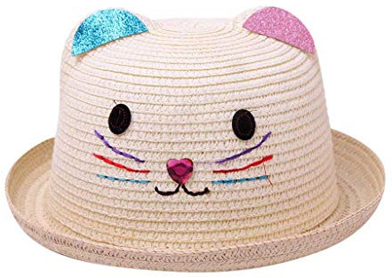 Kinder Mädchen Faltbarer Strohhut Sonnenhut Breite Krempe Sommerhut für Mädchen Kinder Atmungsaktiver Strand mit Cartoon Katze Dekoration für den Urlaub Reise Outdoor-Aktivitäten (Beige, One Size)