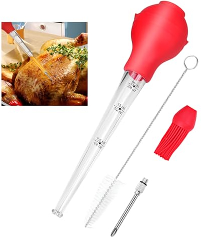 AUSYIWI Viande de Seringue, Poire à Sauce Poulet Turquie Barbecueavec Brosse de Nettoyage, Pinceau de Silicon y Aiguille d'Injecteur, Pipette pour Barbecue, Bœuf, Bacon, Poulet, Porc, Dinde (Rouge)