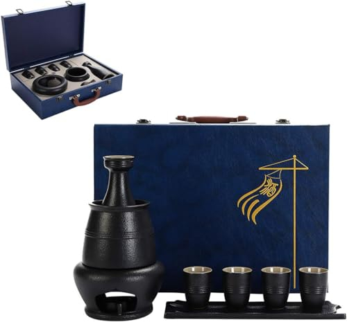 Set per sakè con scaldavivande, Set Tradizionale per sakè Caldo in Ceramica da 9 Pezzi, Incluso 1 fornello per Candele, 1 Tazza riscaldante, 1 pentola per sakè, 4 Tazze e Vassoio per sakè