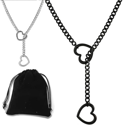 Love Shackles Necklace, Loveshackles - Heart Slip Chain, Heart O-Ring Slip Chain Necklace Handmade Punk Gothic Cuban Necklace (Black, Medium)