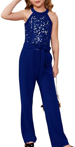 GRACE KARIN Einteiliger Bodysuit Rundhals mit Taschen Jumpsuit Weihnachts-Geburtstagsparty-Outfit Blau 12-14 Jahre