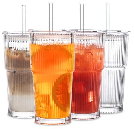 INSETLAN 4 Stück 600ml Gerippte Glasbecher mit Deckel und Strohhalm, dickwandige und robuste Smoothie Becher aus hochwertigem Glas, luftdichtes und wasserdichtes Design, ideal als Kaffee (4)