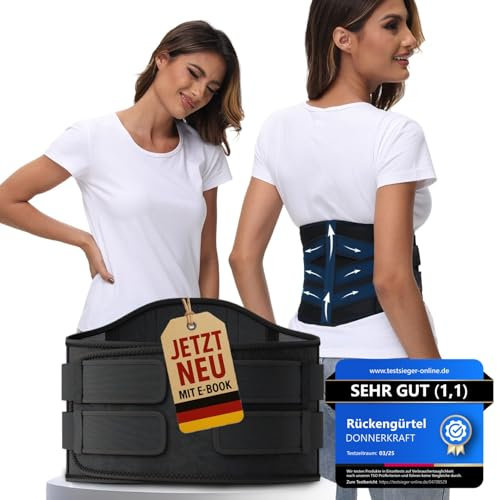 DONNER KRAFT Rückenbandage & Stützgürtel für Herren und Damen – Rückengurt zur Unterstützung der Lendenwirbelsäule und Stabilisierung im Alltag + Ebook Leitfaden (XXL)