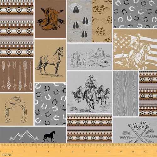 Homemissing Western Cowboy Patchwork Stoffe für Kinder Jungen Mädchen Südwesten Stoff 92x150cm Böhmisch Arrow Stoff Meterware für Stühle Kaktus Teal Orange Grau Polsterstoff