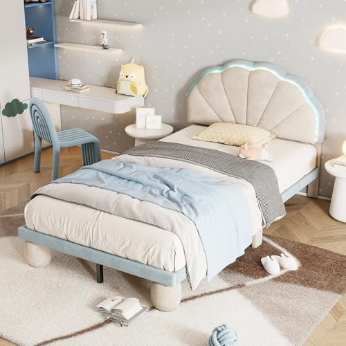 Ymkua Polsterbett Einzelbett 90x200 cm, Kinderbett Bett mit LED-Leuchten und Lattenrost, Bettgestell mit Kopfteil, Modern Jugendbett mit Gepolsterter Runden Beine, Samt, Ohne Matratze (Beige+Blau)
