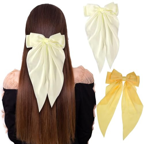 NiceYnn Lot de 2 Pinces à Cheveux Grand Noeud Papillon avec Ruban Epingles Barrette de Cheveux en Satin pour Femme Fille Anniversaire Coiffure Décor Queue de Cheval #A Jaune/Beige