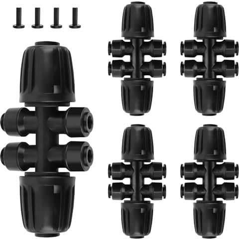 Kalolary 5pcs 1/2'' to 1/4'' Barbed Tee Quick Connector, Push-to-Fit Drip Irrigation Kits, Anti-Leak Locked Splitter Fitting for Irrigation Tubing 6-Way Connector and 4pcs 1/4'' Plugs