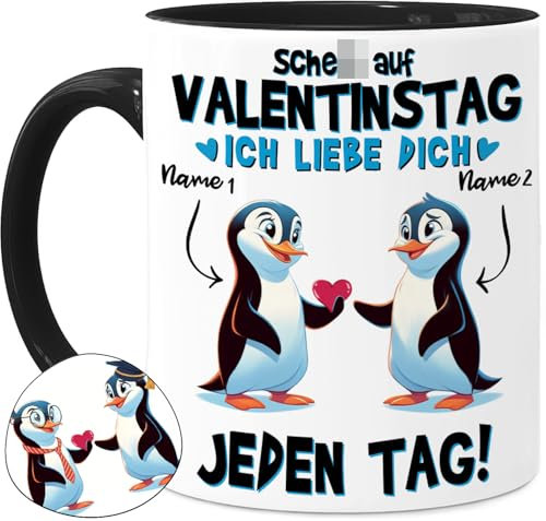 Tassenliebling® Paar Tasse personalisiert - Pinguin - ... auf Valentinstag - Lustiges Pärchen Geschenk für ihn zum Valentinstag - Liebesgeschenke Freund Ehemann - 330ml Keramik - Schwarz