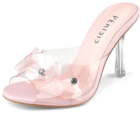 Women's Clear Strap High Kitten Transparent Heel Black Red Floral Heels Sexy Slip On Round Open Peep Toe Rhinestone Mules Slide Sandals Summer Backless Party Prom Dress Shoes 3 Inch, Light Pink, 10 UK