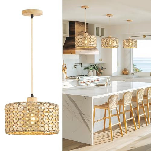 Schindora Lampenschirm HäNgelampe Rattan, 30Cm Boho 1-Licht NatüRlicher Bambus Esstisch Lampe Handgewebt Bambus Lampen E27 Holz Pendelleuchte FüR Schlafzimmer KüCheninsel Wohnzimmer