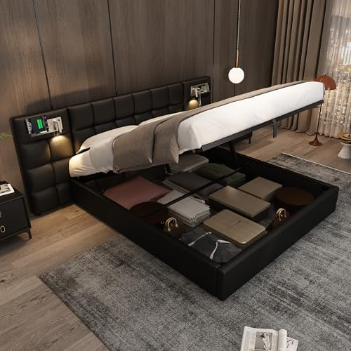 Oslghy Polsterbett Doppelbett 180x200 cm, Stauraumbett mit USB Port & Wireless Charging, Bett mit Stauraum Bettkasten & Lampe, Bettgestell mit Breit Kopfteil & Lattenrost, ohne Matratze (Schwarz+PU)