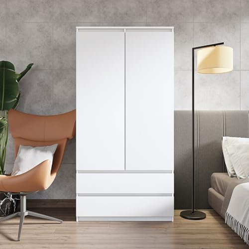 Furnica Kleiderschrank 90 cm, 2-türig mit Schubladen und Kleiderstange - Moderner Schlafzimmer Schrank Wardrobe Closet - 90 cm Breit, 180 cm Hoch, 50 cm Tief (Weiß Matt/Weiß Matt)