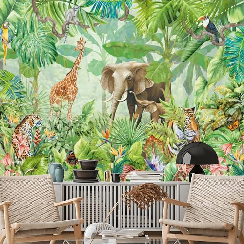 Custom Size Wall Murals, Tropical Animal Jungle Self - Adhesive Removable Large Photo Wallpaper for Living Room, Bedroom, Bathroom, Office, Dining Room, Kid's Room