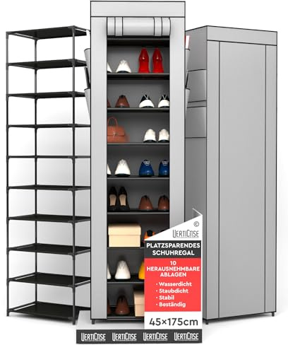 VertiCase Zapatero Estrecho Alto 10 Niveles de Tela Gris 45x175x28cm - Organizador Zapatos con Cremallera Ahorra Espacio y Funda Antipolvo - Calzado Deportivo y Tacones Altos para Interior y Exterior