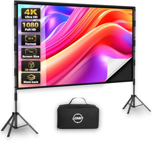LEORFI 100 Inch Outdoor Projector Screen with Stand, Black Backing Screen | wrinkle-free surface, sturdy square tube tripod, quick setup, with portable carry bag for backyard movies and home theater