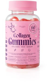 Myga Collagen Gummies – 1000mg Hydrolysed Collagen Peptides Supplement (Types I, II & III) with Iron & Sodium – Supports Skin, Hair, Joints & Vitality – Gluten-Free & Non-GMO – Strawberry, 60 Gummies