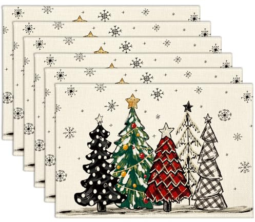 Sungeek Christmas Placemats Set of 6, 30 x 45cm Snowflakes Multicolour Xmas Tree Place Mats Seasonal Winter Holiday Kitchen Dining Table Mats for Home Party