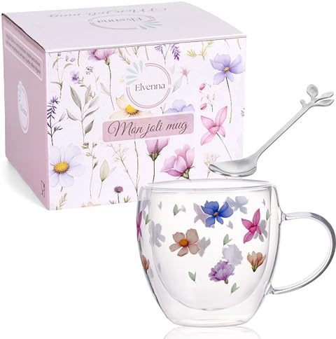 Elvenna – Mug Cadeau Femme en Verre Double Paroi 250ml | Motifs Floraux Pastel | Élégant & Résistant | Boîte Cadeau
