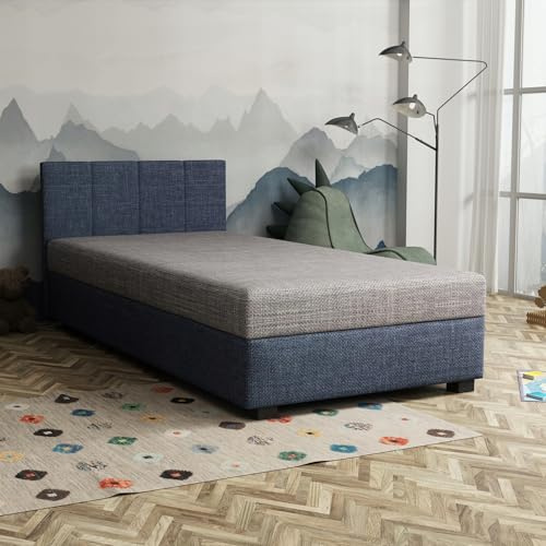 TAPCZANY24 - Boxspringbett Adel 120x200 cm mit Schaumstoff Matratze | Bett mit Matratze, Polsterbett mit Bettkasten, Gepolstertes Einzel Bett, Schlafsofa - Jeansstoff mit grauer Matratze