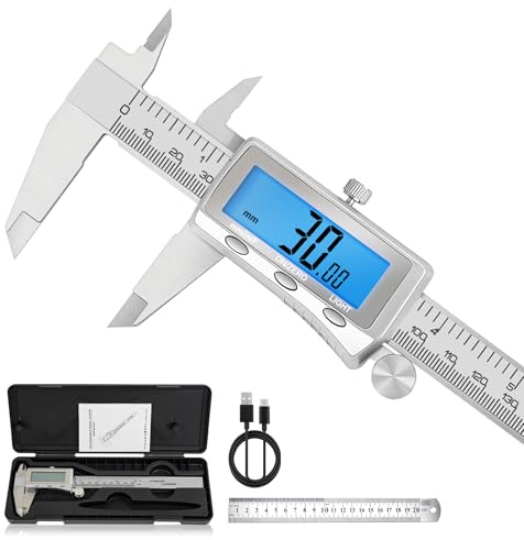 Digital Vernier Caliper 150mm, Rechargeable & Backlit Stainless Steel Caliper with Large LCD Screen, Auto-Off, Inch/MM/Fraction Conversion, Ideal for DIY and Household Measuring Tasks (6 Inch/150mm)