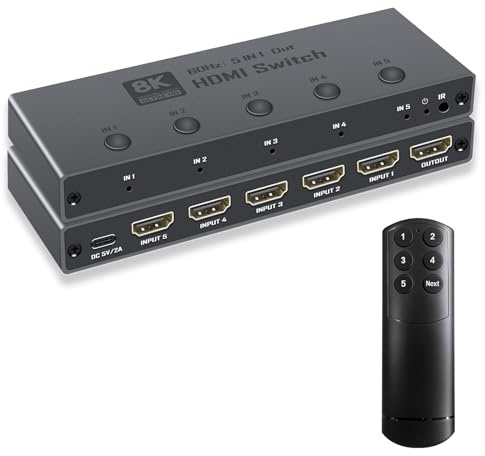 Enbuer Switch HDMI 2.1 8K, commutatore HDMI 2.1, 5 in 1, supporta CEC 8K a 60Hz, 4K a 240Hz, 1080P a 480Hz, HDCP 2.3 HDR 3D Dolby Atmos VRR Compatibile con PS5 Xbox Blu-Ray Player con telecomando IR