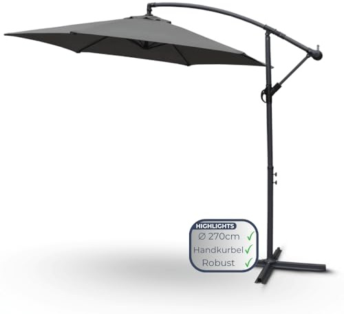 DELUKE Ampelschirm 270cm Wetterfest EMCO [Inkl. Schutzhülle] Sonnenschirm 6-eckig | Kurbelschirm mit Ständer und Windschutz Gartenschirm | Anthrazit
