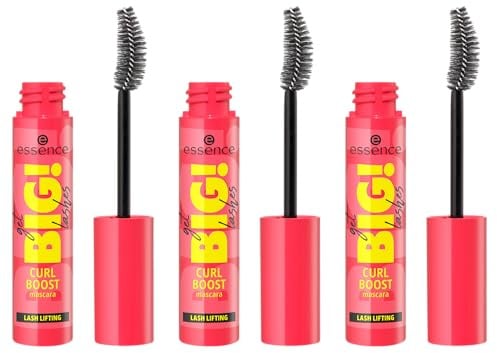 essence get BIG! lashes CURL BOOST mascara, Schwarz, volumengebend, schwunggebend, definierend, verlängernd, vegan, Nanopartikel frei, ohne Parfüm, ölfrei, 3er Pack (3x12ml)
