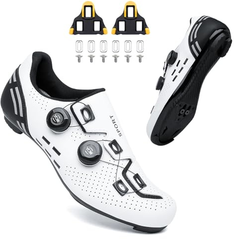 ZELOVOL Road Cycling Shoes/Mountain Cycling Shoes Unisex, Compatible with SPD/SPD-SL Pedals, Compatible Installation with Shimano/Look/Peloton Cleats White Black with Yellow Cleats/Size UK 3