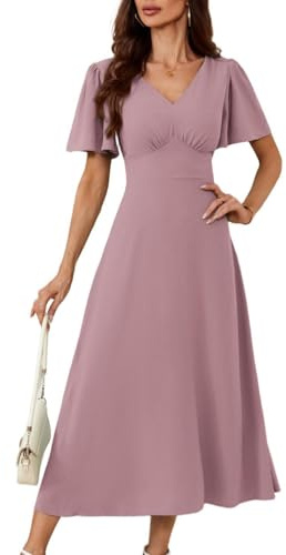 GRACE KARIN Robe d'été pour femme - Col en V - Manches longues - Robe de cocktail élégante pour mariage et fête, rose clair, XXL