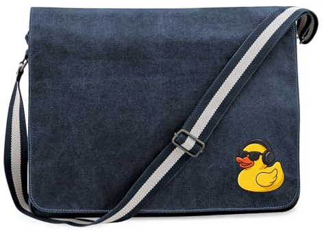 Huuraa Umhängetasche Quietscheente DJ Gummiente Club-DJ 14 Liter Vintage Navy Canvas Laptoptasche Geschenkidee