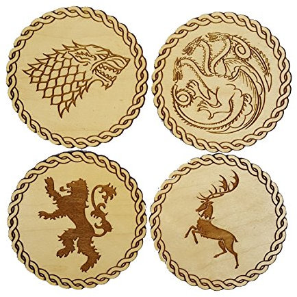 Derwent Laser Crafts Game of Thrones Inspired Wooden Coasters - Set of 4 Main House Sigils - Choice of Wood Type (Maple)