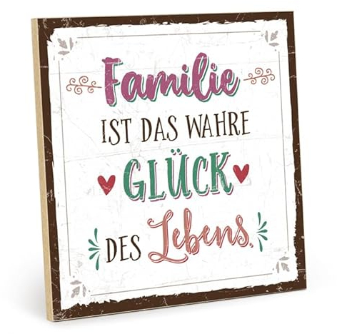 TypeStoff Holzschild mit Spruch – FAMILIE IST DAS WAHRE GLÜCK – Vintage Schild als Geschenk und Dekoration - HS-00667