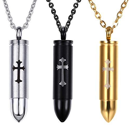 OIDEA 3PCS Kreuz Patronenhülse Halskette, Anhänger mit Versteck Geheimfach, Silber Schwarz und Gold