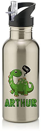 Getagift Personalised with ANY NAME Dinosaur Rawr, Gift for Boy/Girl, Kids, Children, Birthday, Back to School Present Stainless Steel 600ml Water Bottle with Straw. (Silver)