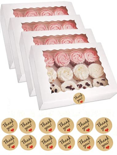 UNIQU Cupcake Boxes 12 Cavity Auto Pop Up with Window and Inserts, Kraft Bakery Cookie Boxes Cupcake Containers with Sealing Stickers (10 Pack, White)