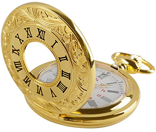 Tiong Vintage römische Zahl Quarz Steampunk Taschenuhr mit Kette für Männer Geburtstag Weihnachten Geschenke, gold, S