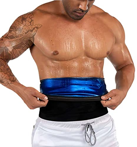 BODYSUNER Waist Trainer Trimmer Sweat Belt Band for Men Lower Belly Fat Sauna Slimming Belt Suit Workout (Deep Blue, L/XL)