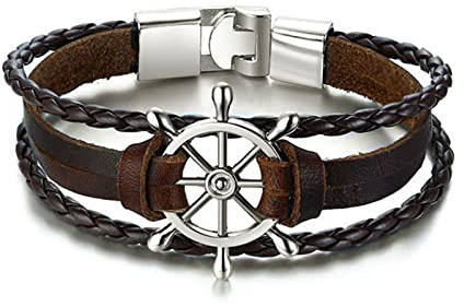 HCMA Nouveau Bracelet à Breloques de gouvernail Vintage Vogue pour Hommes Bracelets de Corde en Cuir Multicouche Bracelets Bracelet en Cuir d'ancre