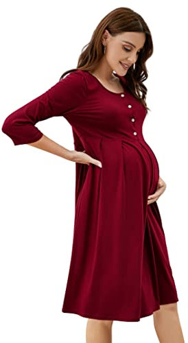 KOJOOIN Robe De Maternité pour Femme Robe d'allaitement en Coton Robe De Maternité Décontractée pour Femme Enceinte Bourgogne (Manches 3/4) S