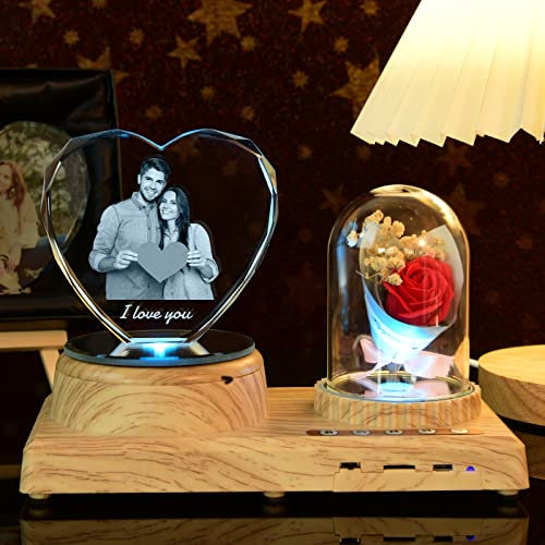 Photo personnalisée en verre de cristal de coeur 3D personnalisée gravée avec votre propre image, lumières de musique rotatives colorées Bluetooth Rose, cadeau de mariage, Saint-Valentin, Noël