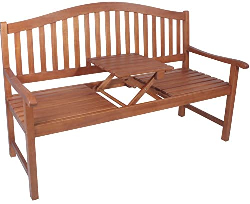 VARILANDO Gartenbank mit hochklappbarem Tisch, Klapptischbank, Bank mit Tisch zum hochklappen, Eukalyptus Holz aus 100% nachhaltigem Anbau (braun)