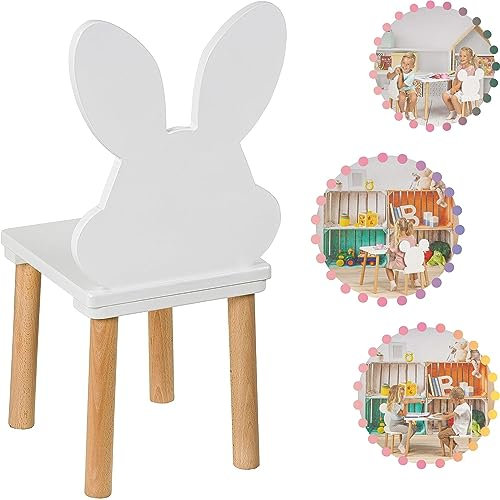 PlayPals Kinderstuhl Holz, Kinder Kids Chair, Holzstuhl Kinderstuhl Klein, Weiß - Hasenohren, kinderzimmer möbel 60x 32x 32cm cm und Einer Sitzhöhe von 27 cm, für EIN ab 3-7 Jahre…