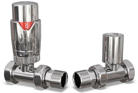 UK Radiators Chrome Thermostatic Radiator Valve and Straight Lockshield Valve - Polished Chrome Finish - Classy and Modern Design 1/2 x 8mm Straight Radiator Valve