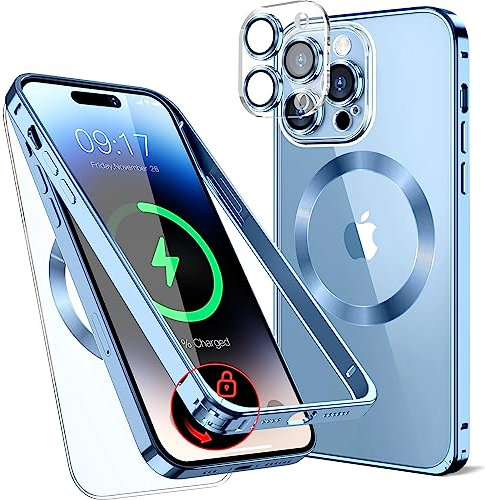 LS LANGSHUN Metall Magnetische Hülle für iPhone 12 Pro 6.1 [Sicherheitsschloss] [Original Metallrahmen-Stoßstange] [Eingebaut Kameraschutz ] Durchsichtige Handyhülle, Kratzfeste Rückseite, – Blau