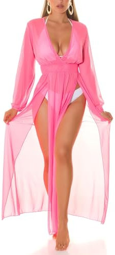 Koucla Robe de plage à manches longues transparente avec col en V et fente pour les jambes, rose fluo, taille unique