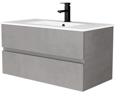 UEV Waschtisch mit Unterschrank, Waschbeckenunterschrank 90cm hängend, mit 2 Schubladen, Soft-Close-System, Waschplatz, Aufsatzwaschbecken, Badmöbel für Gäste WC, dunkel grau